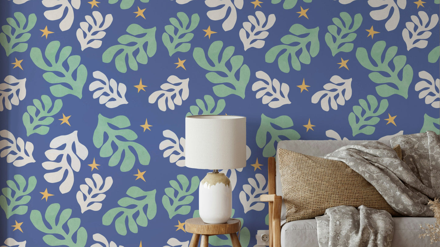 A wallpaper of a painting of botanical elements.

