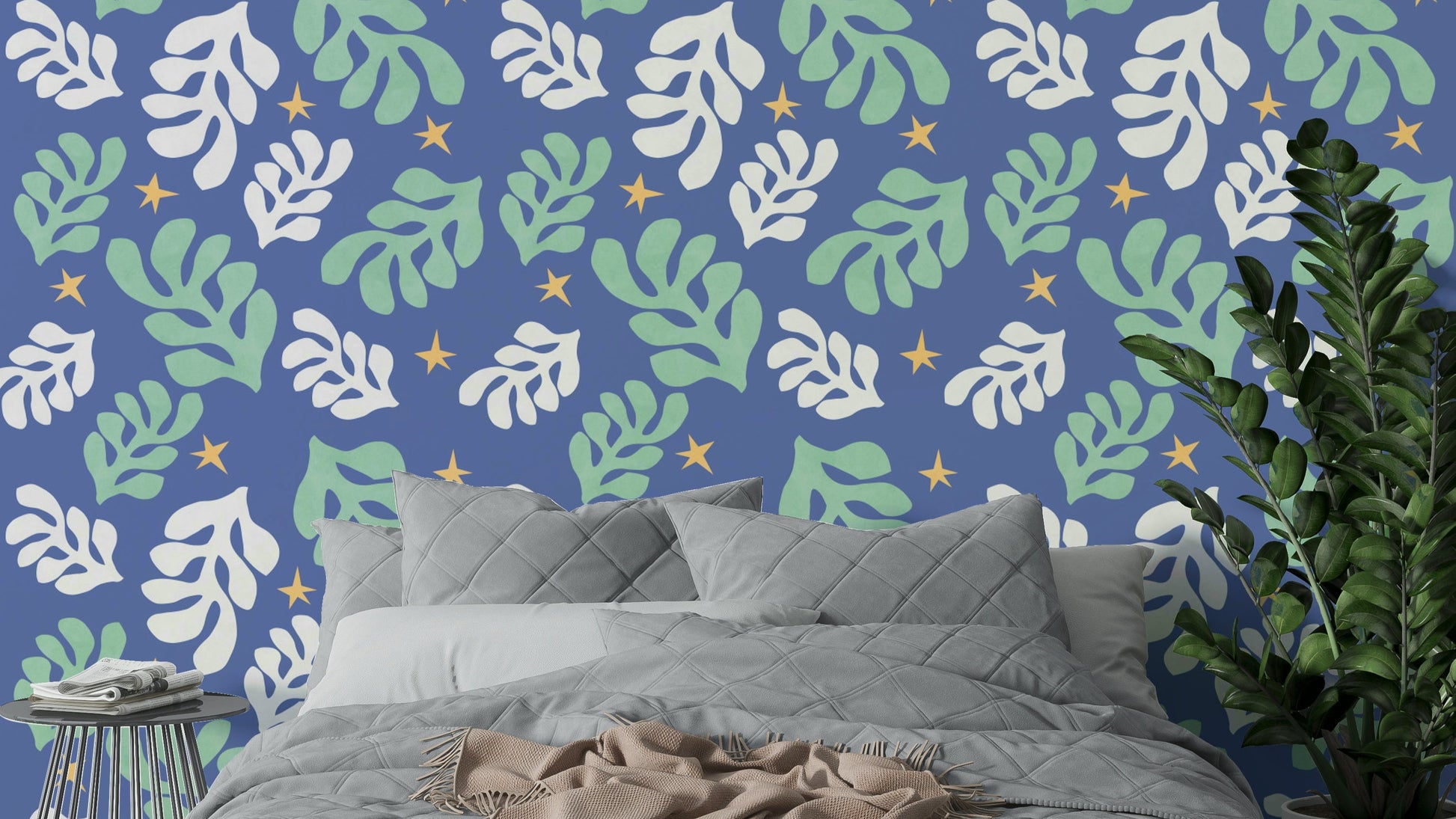 The image shows plants and flowers under a starry sky.

