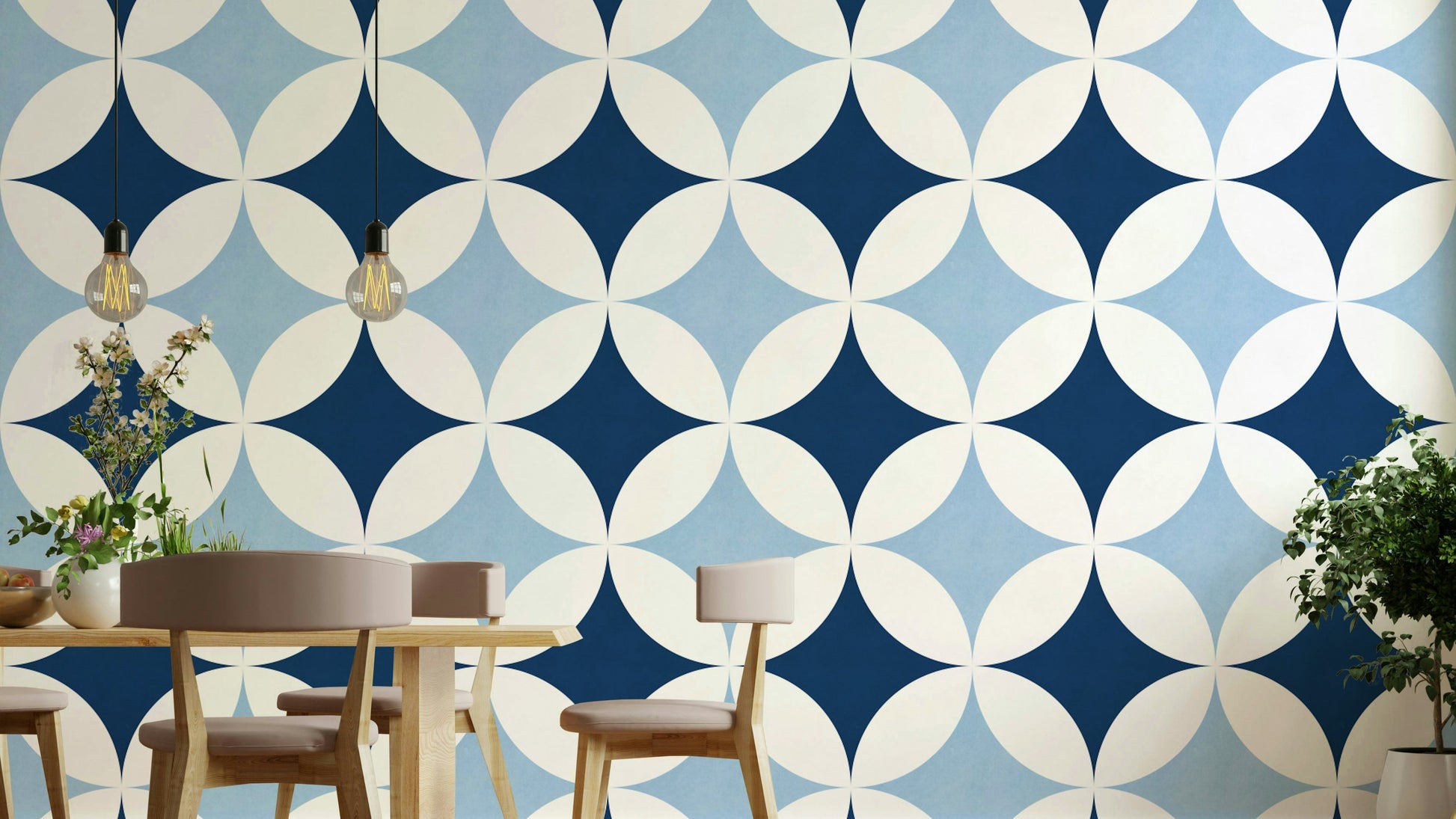 A wallpaper with a geometric tile pattern.

