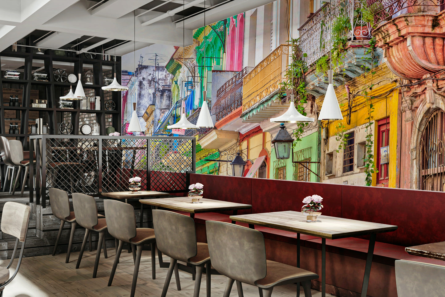 The image features intensely colored buildings and cars.

