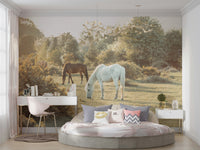 There are trees and bushes in the background.

