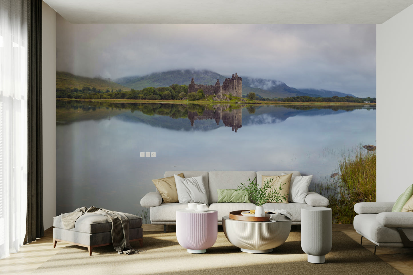 There are some tree branches in the water in the foreground.

