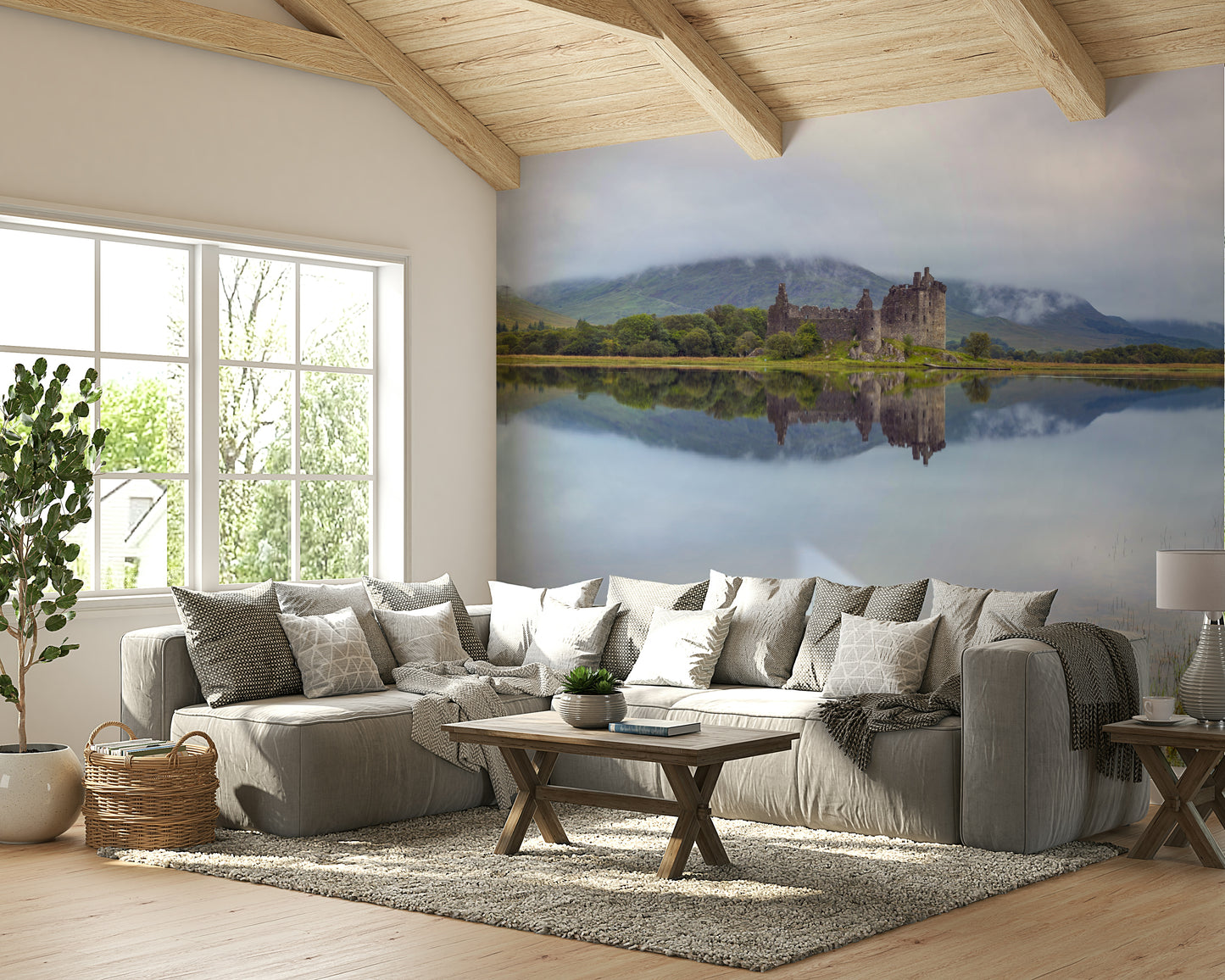 The mural gives a feeling of being in a quiet, natural place.

