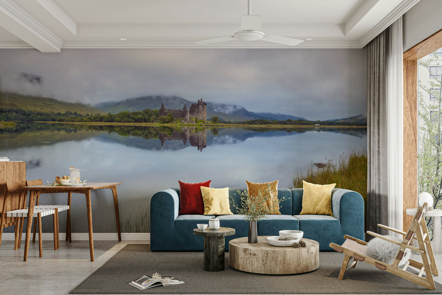 A wall mural of a serene loch surrounded by hills.

