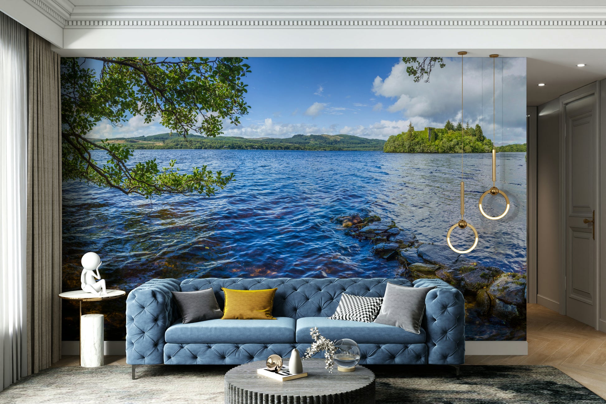 A wall mural of a loch and mountains.

