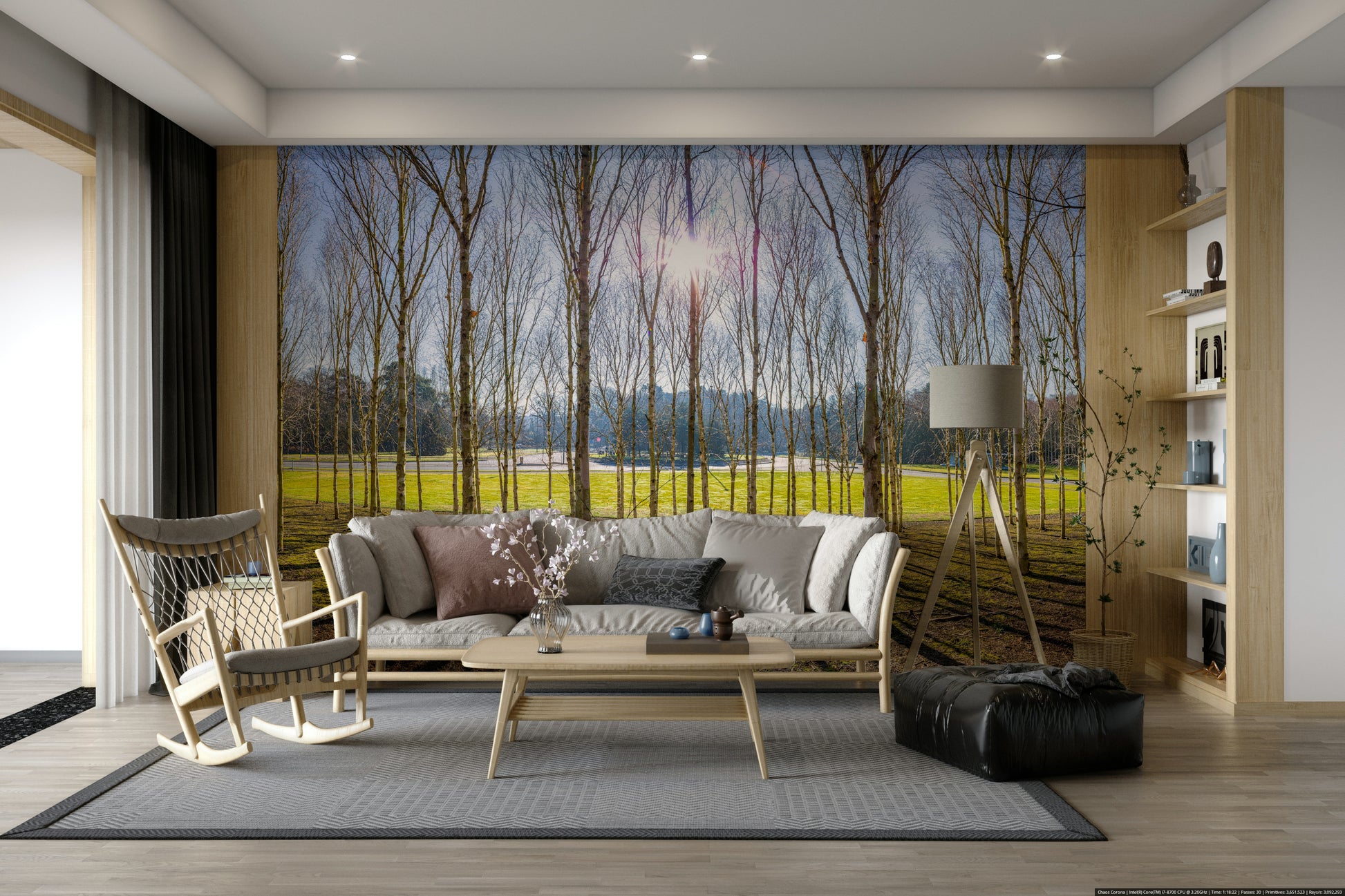 The ground is covered with leaves or moss.

