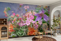 The composition is full of flowers and leaves.

