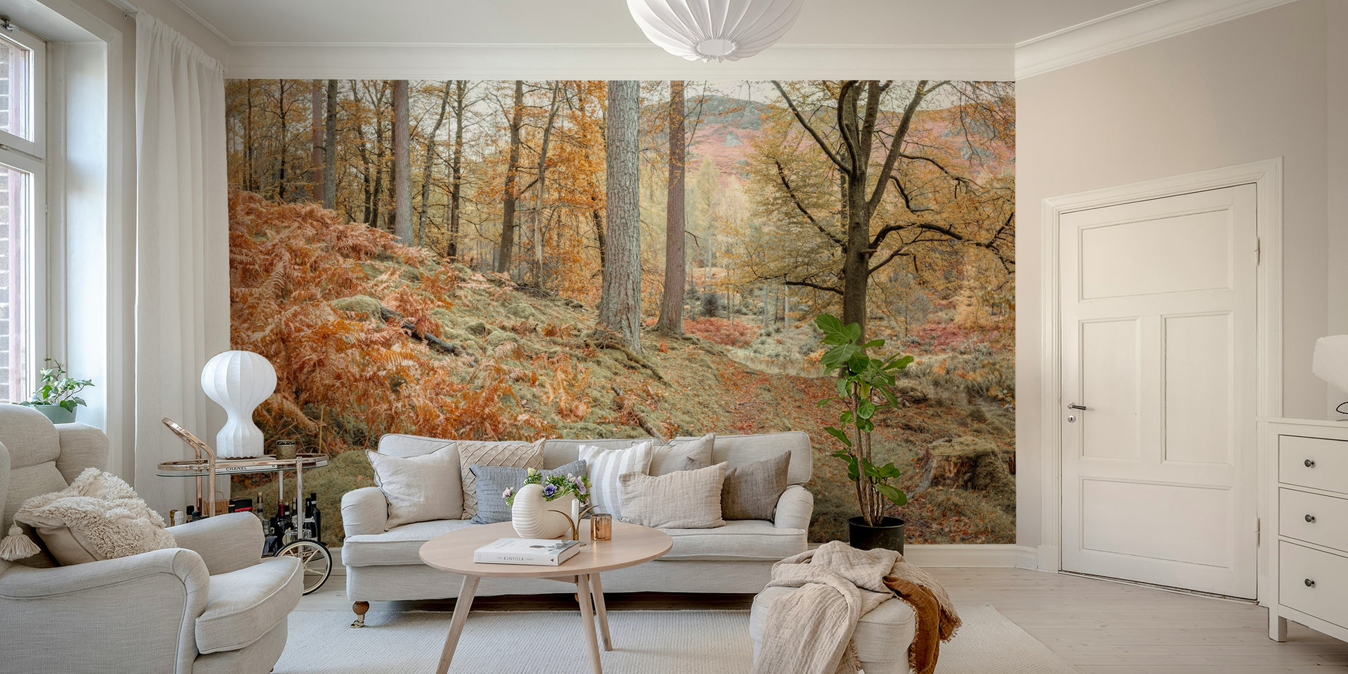 The sunlight filters through the trees, creating amber tones.

