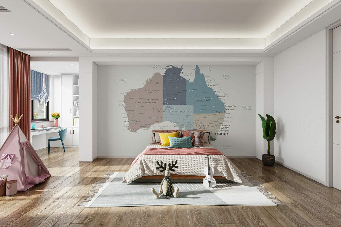 A wall mural featuring a map of Australia.

