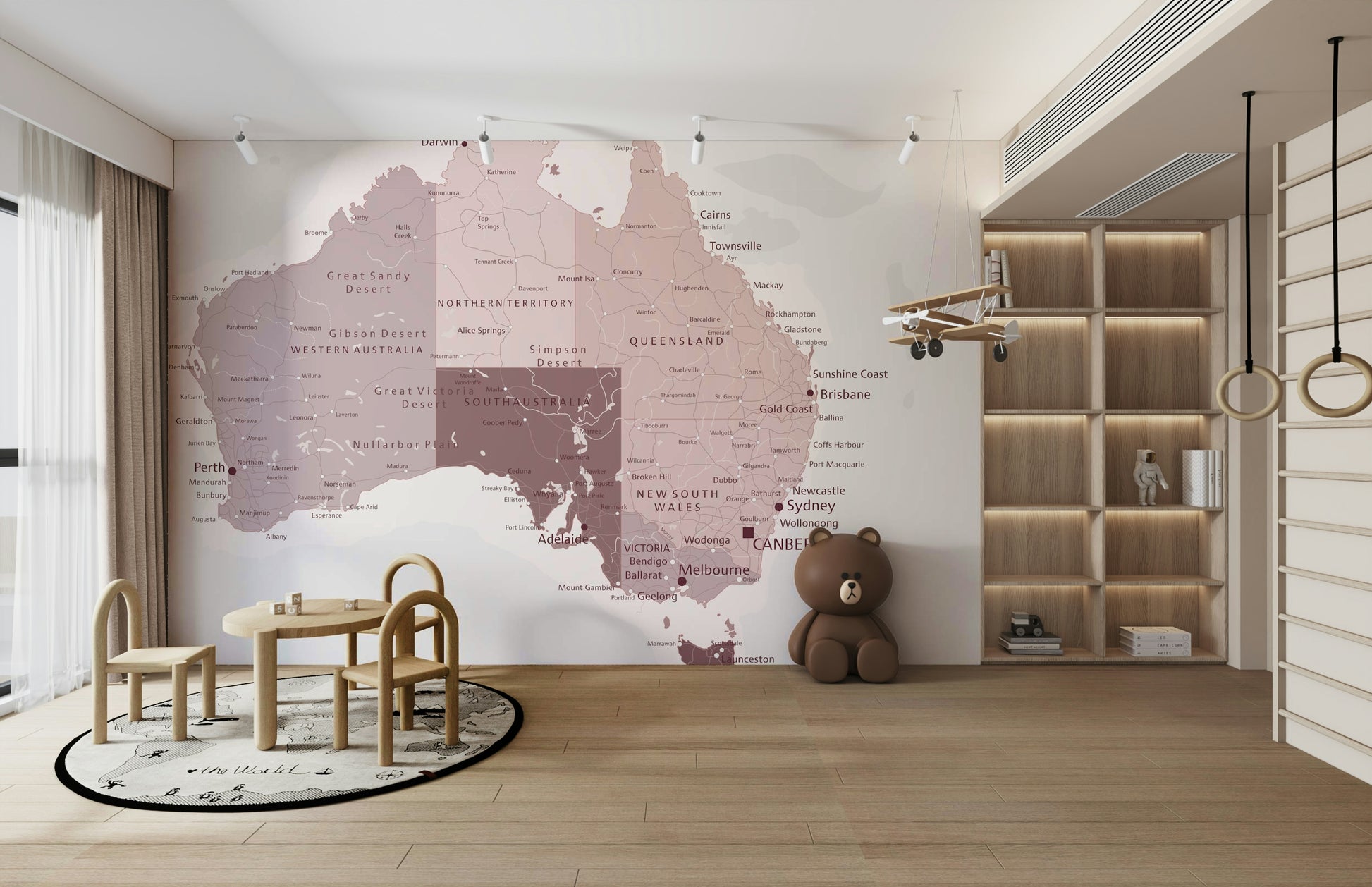 The colors are soft and muted, with hues of pink, beige, and tan.

