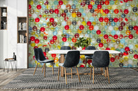 The image shows a repeating pattern of colorful, swirling shapes.

