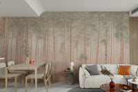 The image shows a dense forest of tall, slender trees.

