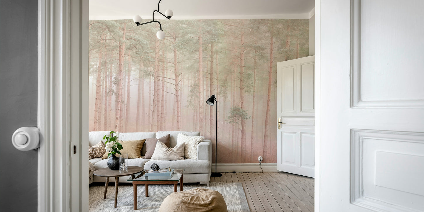 The colors are soft, muted tones of pale pink, gray, and green.

