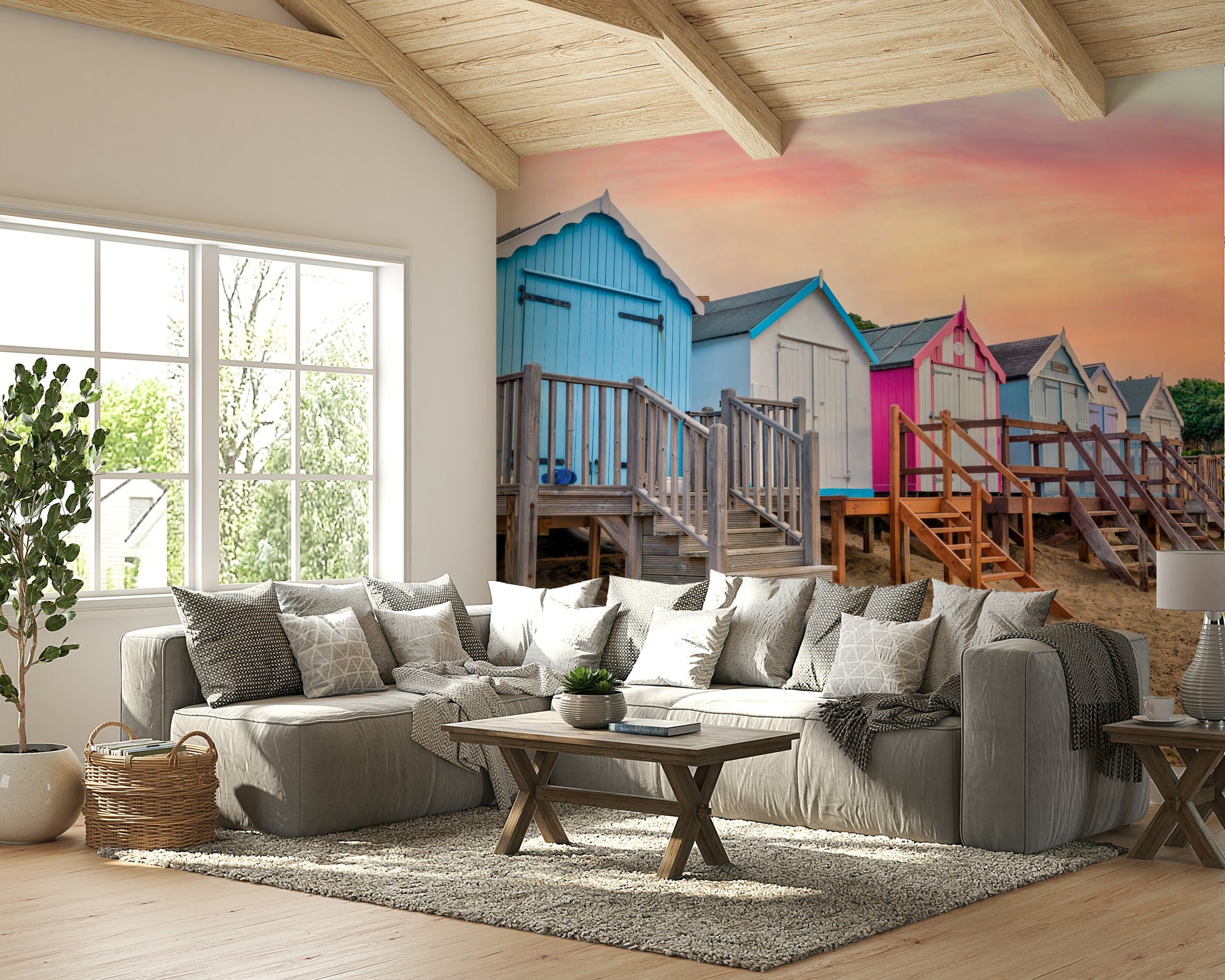 The beach huts are a central focus of the image.

