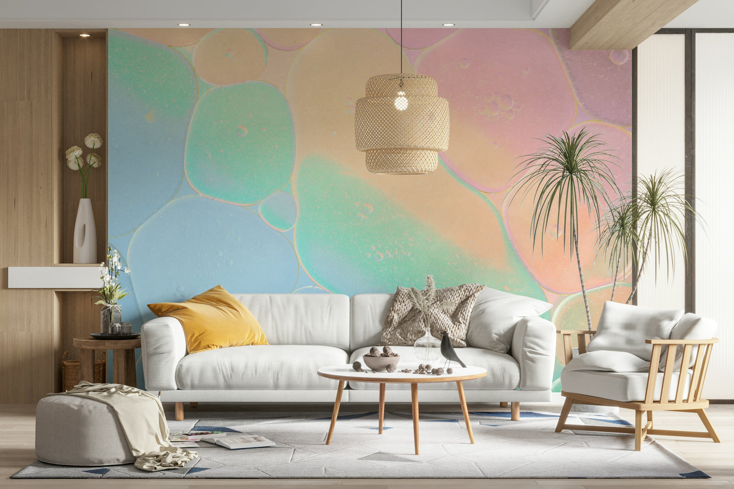 A wall mural with an abstract, bubble-like pattern.

