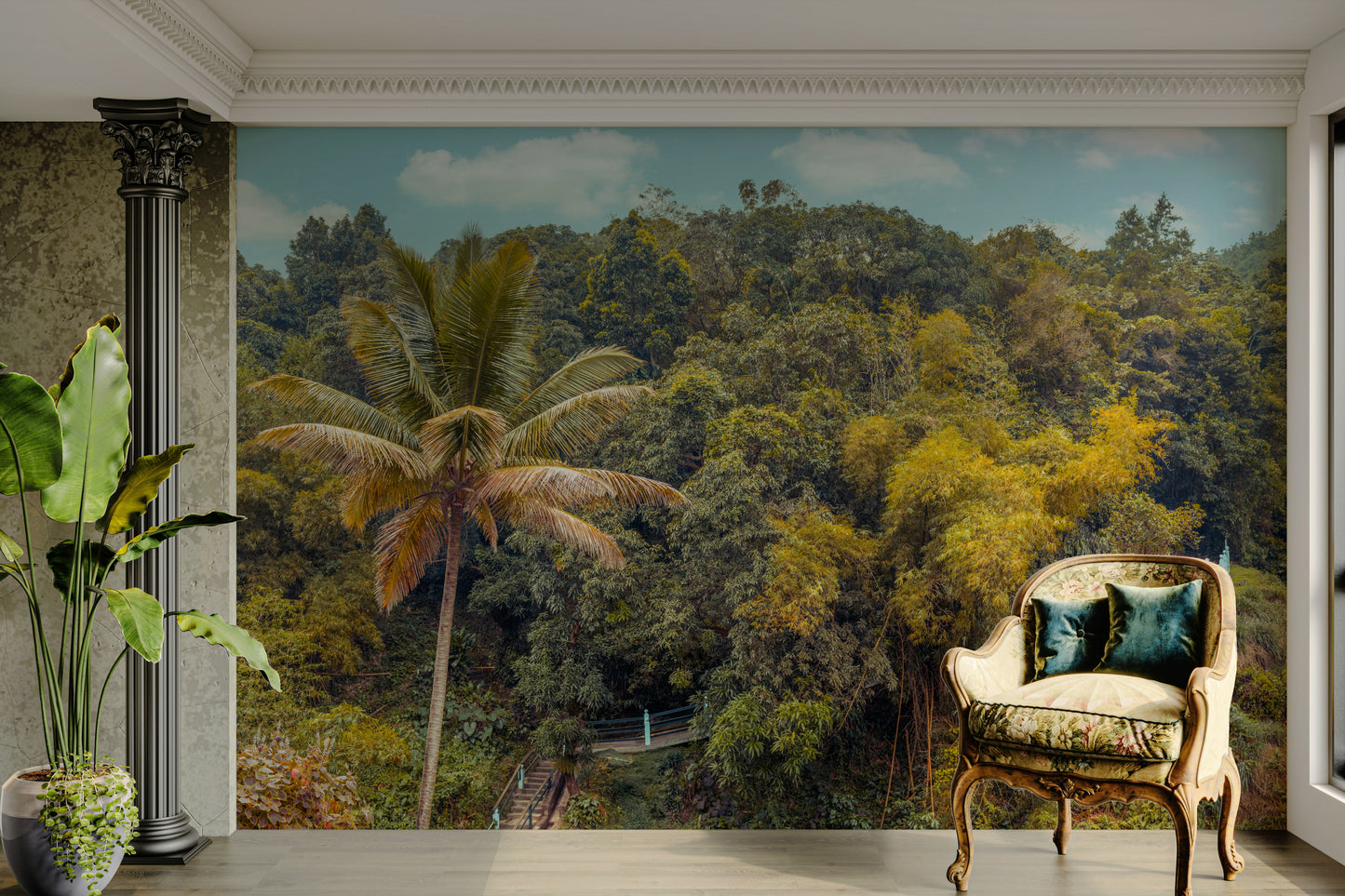 The composition is dynamic, showing a path leading into the trees.

