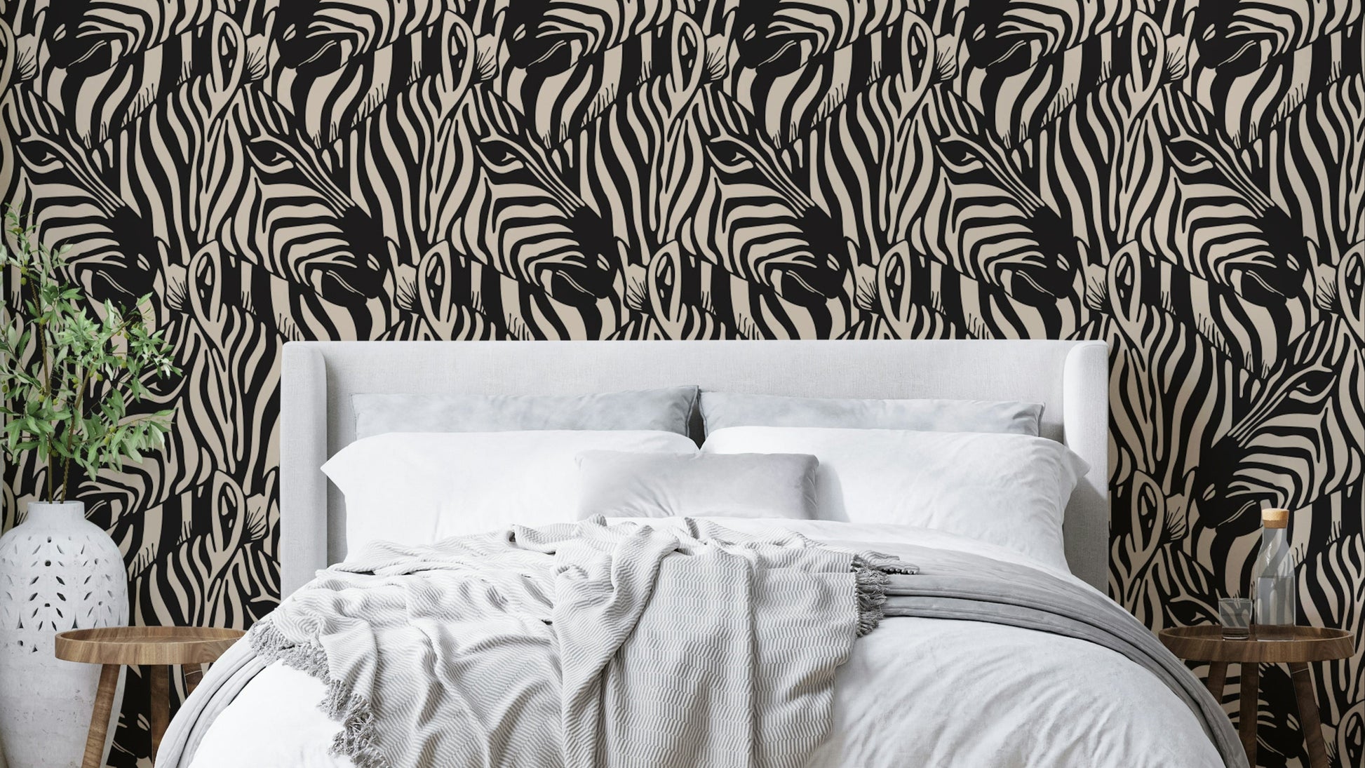 A wallpaper design with a zebra herd.

