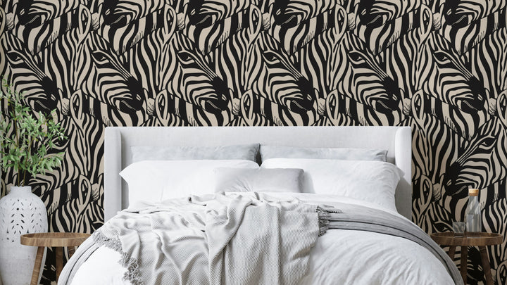 A wallpaper design with a zebra herd.

