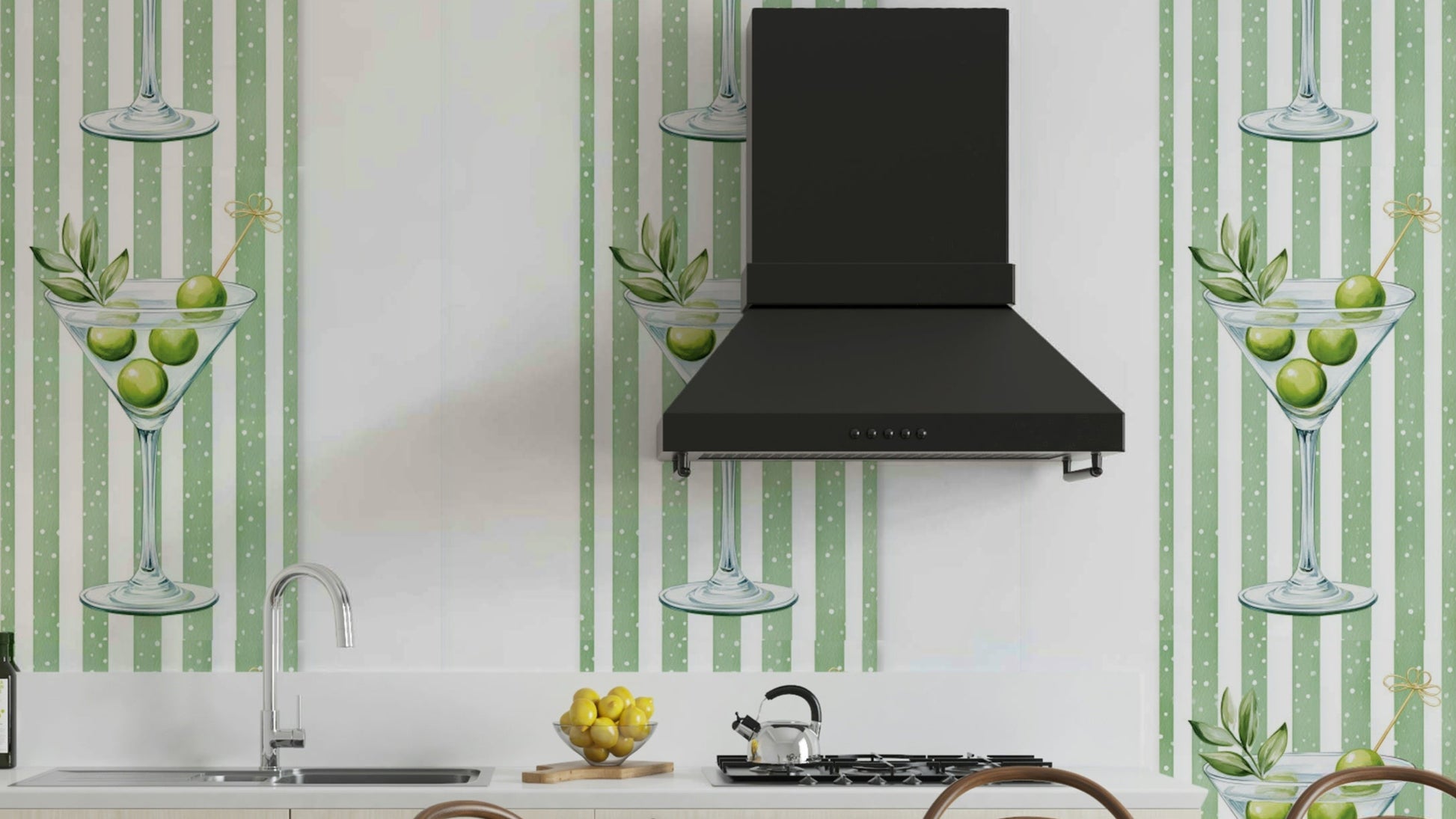 The colors are inspired by an olive martini, with olive green, white, and a hint of gray.

