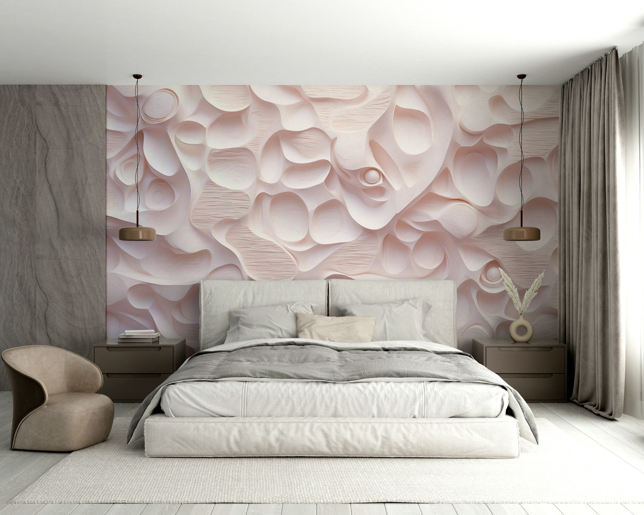 A wall mural of a sculpted pink surface.

