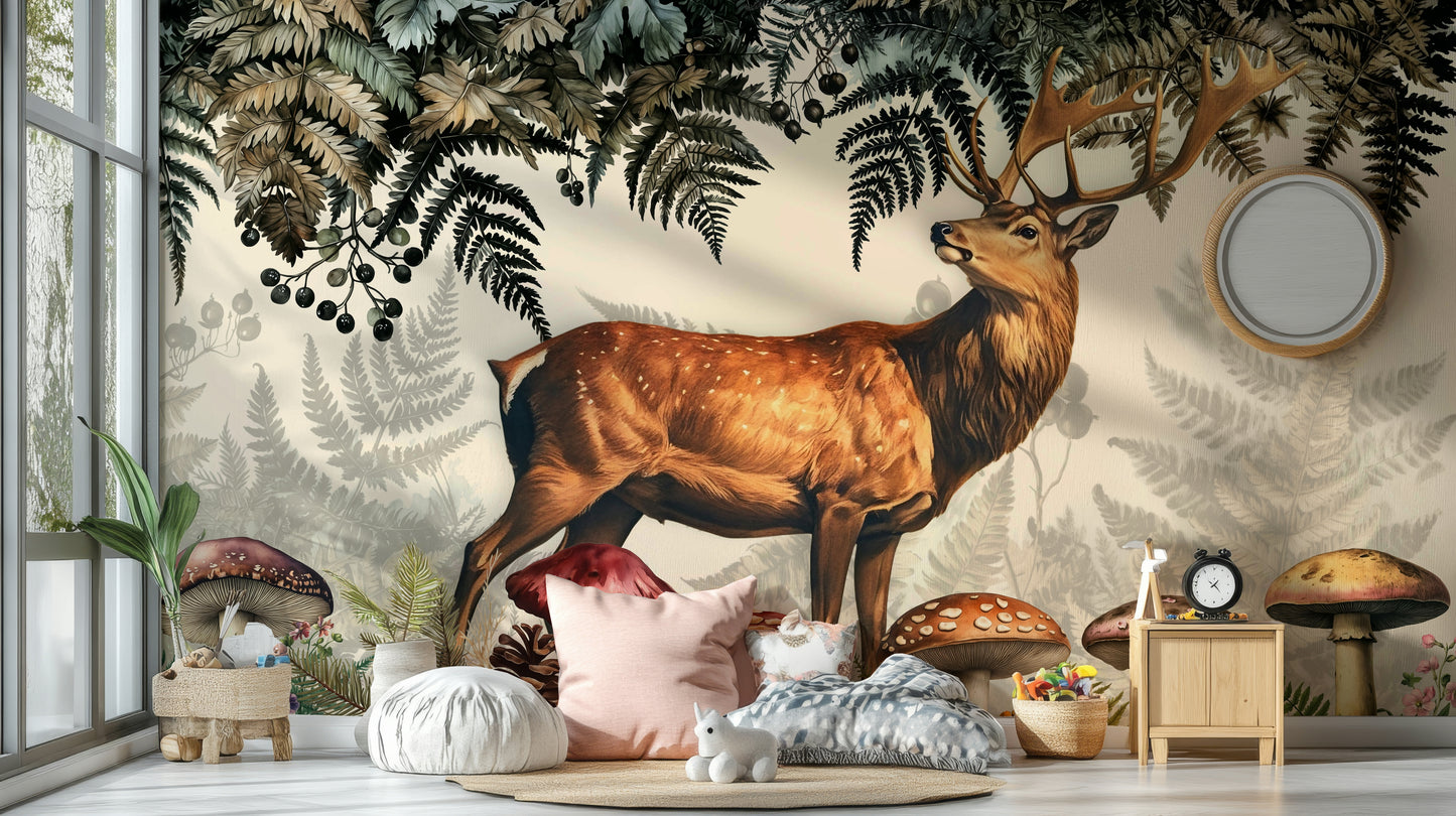 A wall mural of a stag deer in a woodland forest.

