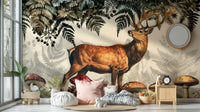 A wall mural of a stag deer in a woodland forest.

