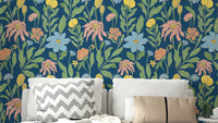 The image shows a repeating pattern of classic flowers and leaves.

