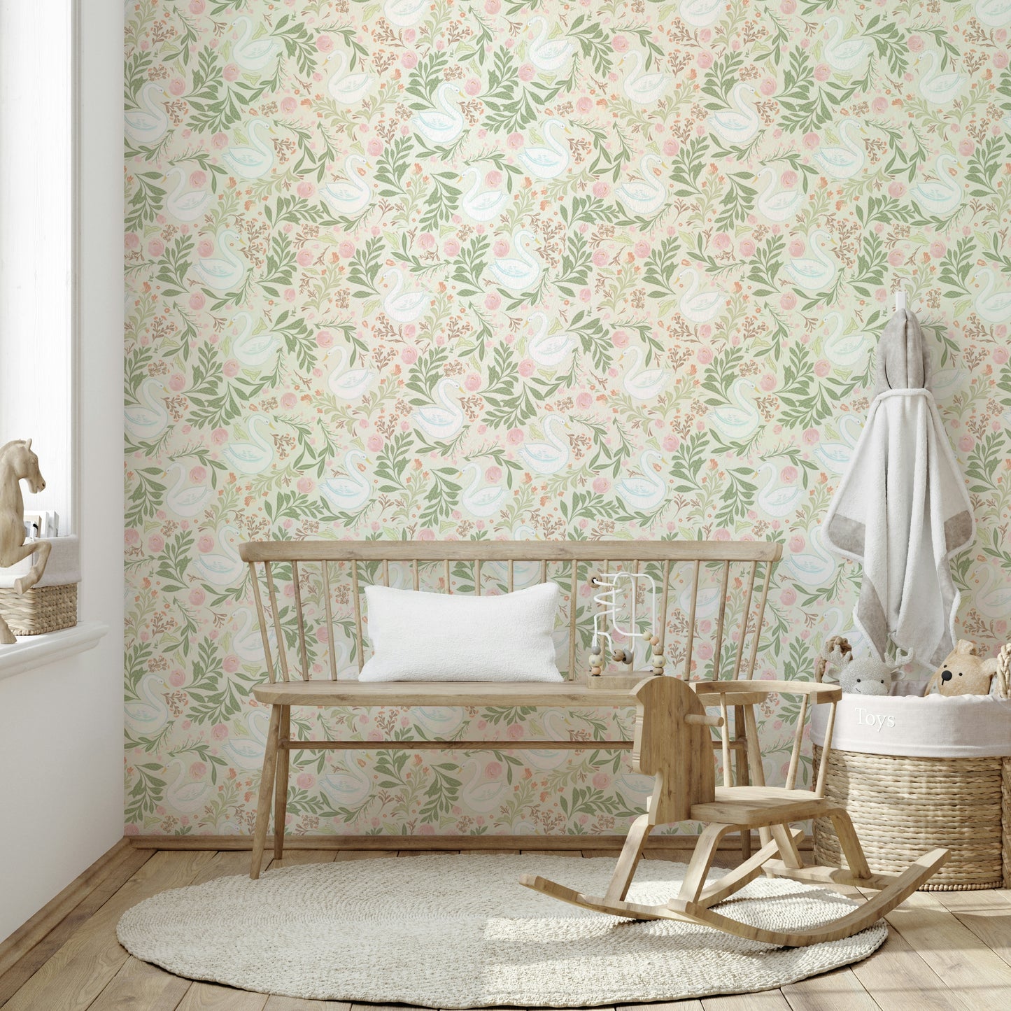 The image shows an artistic impression of a serene swan lake scene.

