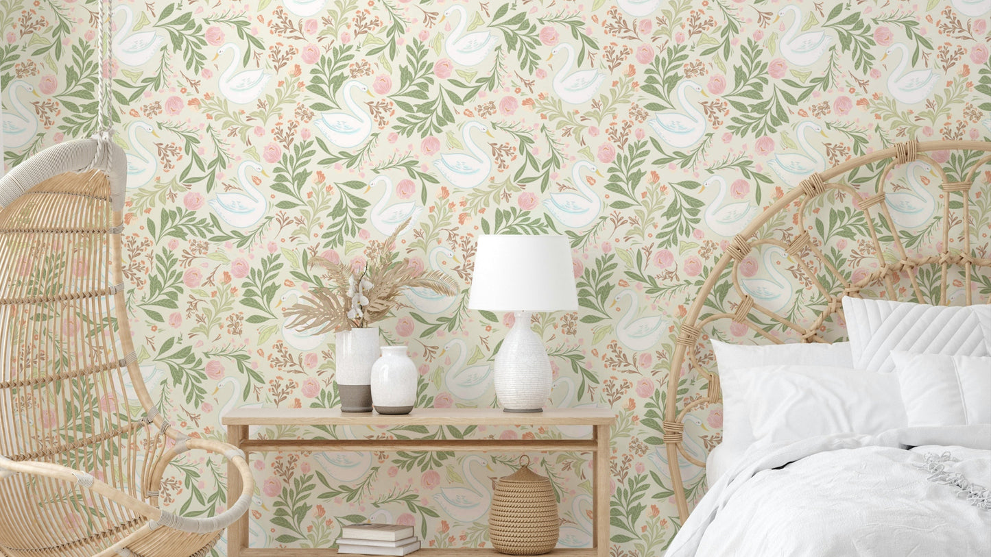 The swans and water lilies are a central focus of the image.

