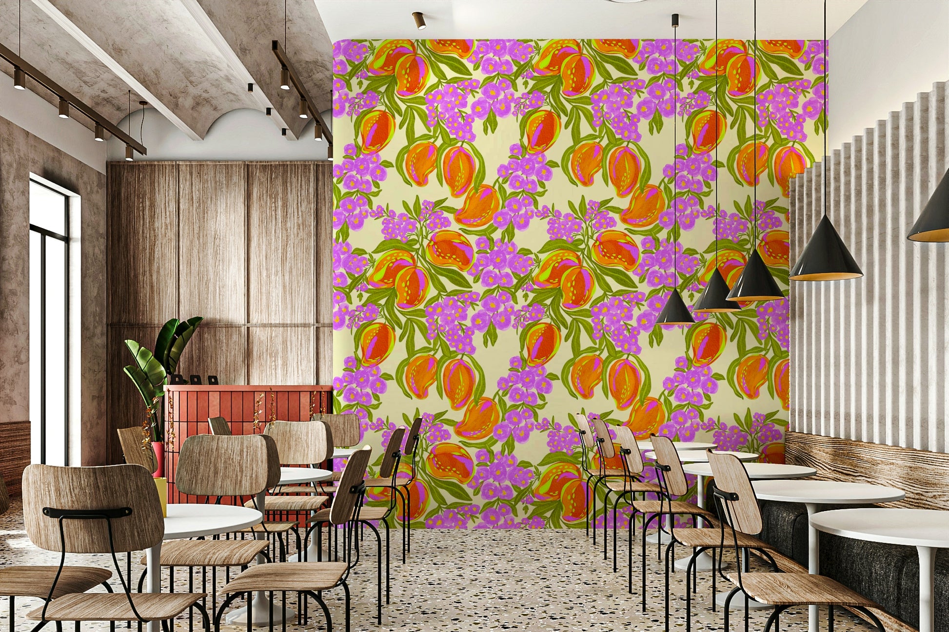 The image shows an artistic impression of a serene mango garden scene.

