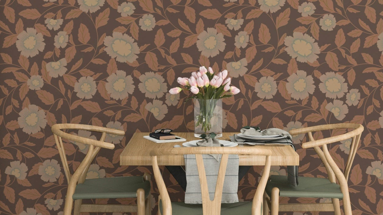 The image shows a repeating pattern of traditional flowers.

