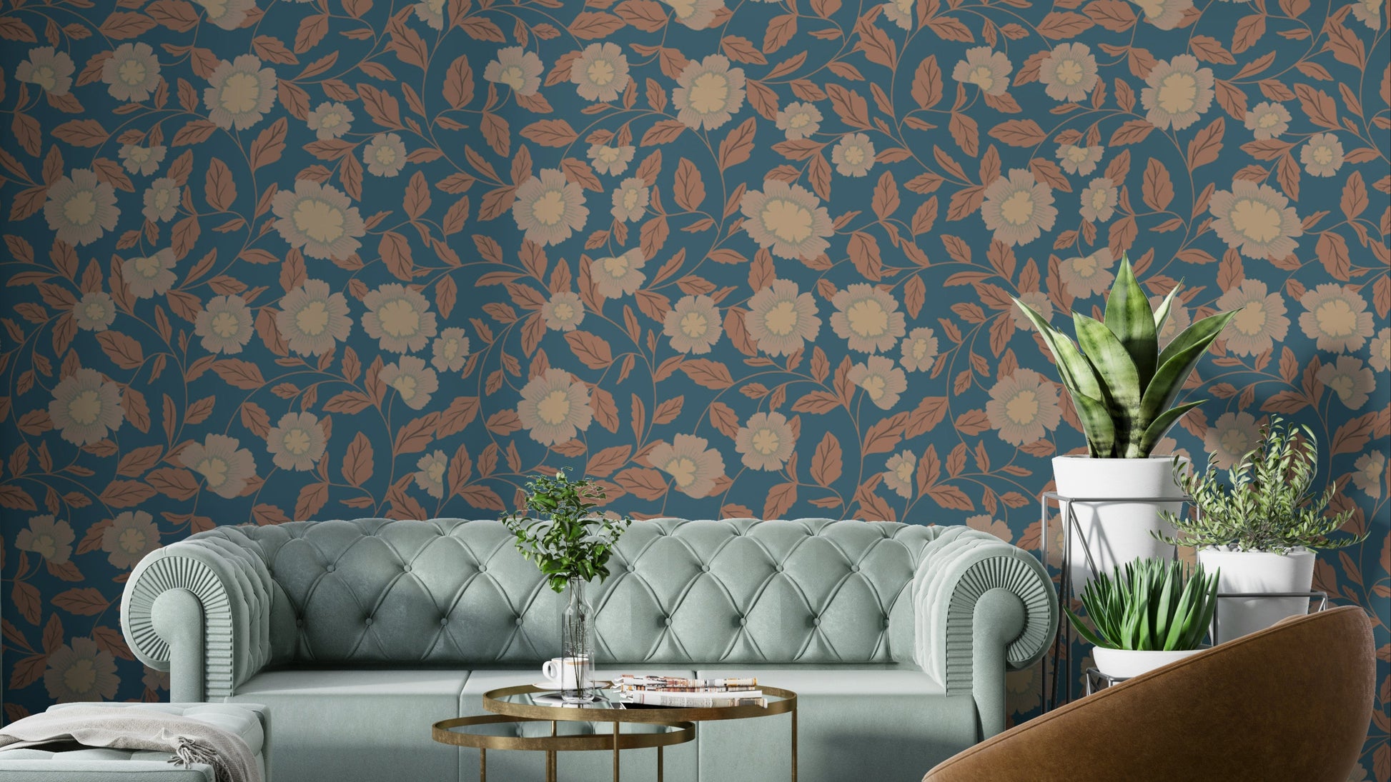 A wallpaper design with a rustic floral pattern.

