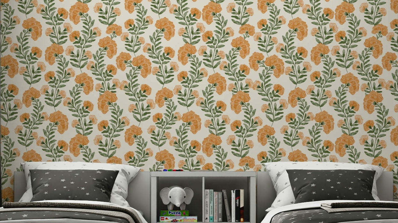 The colors are warm, vibrant tones of orange and gold.

