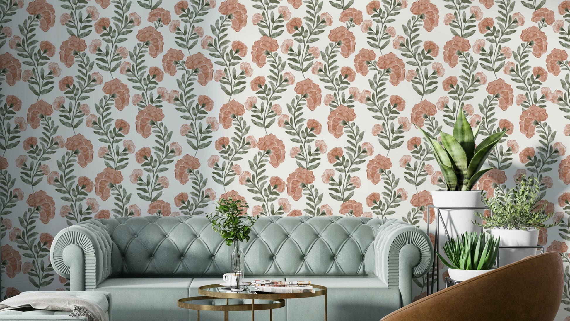 The image shows a repeating pattern of flowering vines.

