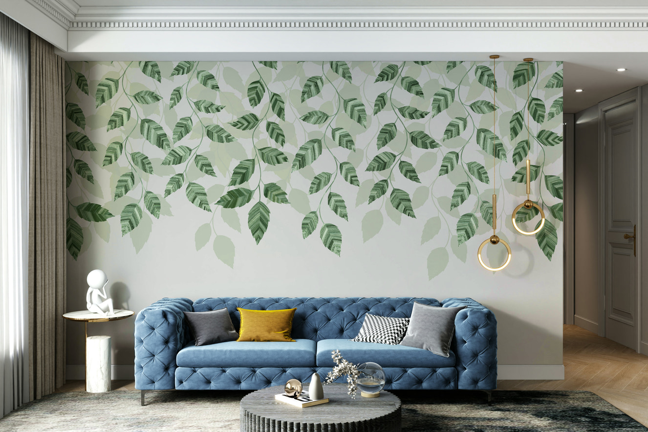 A wall mural of a peaceful botanical pattern.

