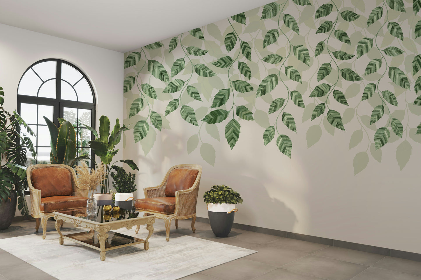 The colors are soft, muted tones of green, yellow, and white.

