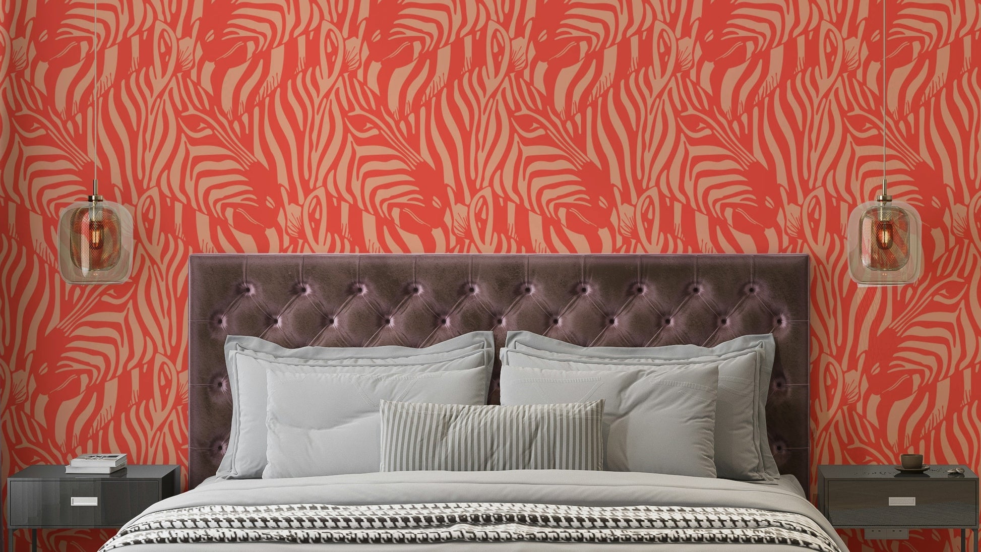A wall mural of a zebra herd with artistic stripes.

