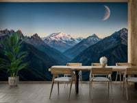 The image shows an artistic impression of a serene mountain scene with moonlight.

