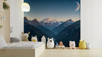 A wall mural of a peaceful mountain range.

