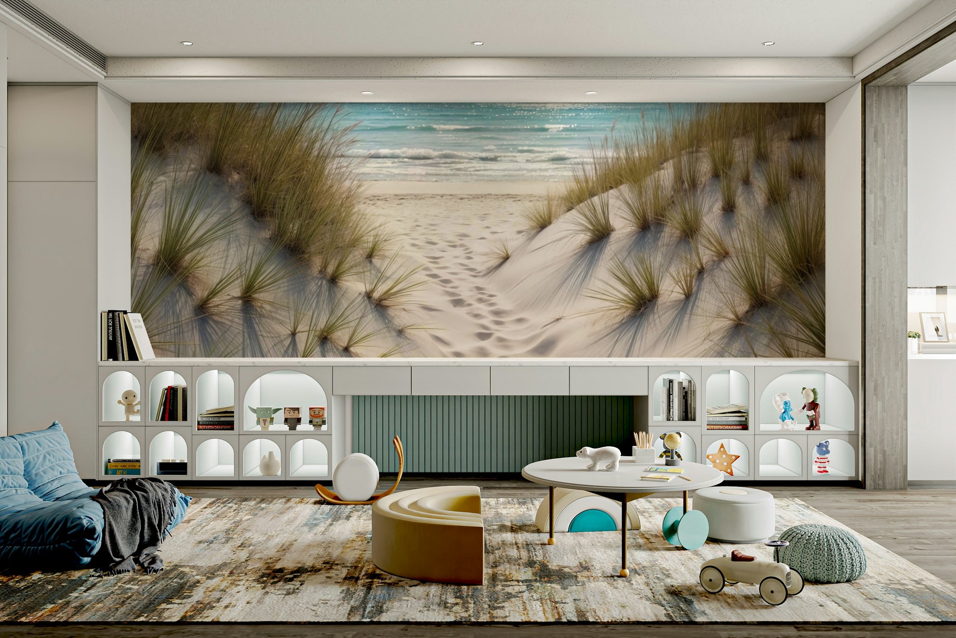 The dunes and ocean are a central focus of the image.

