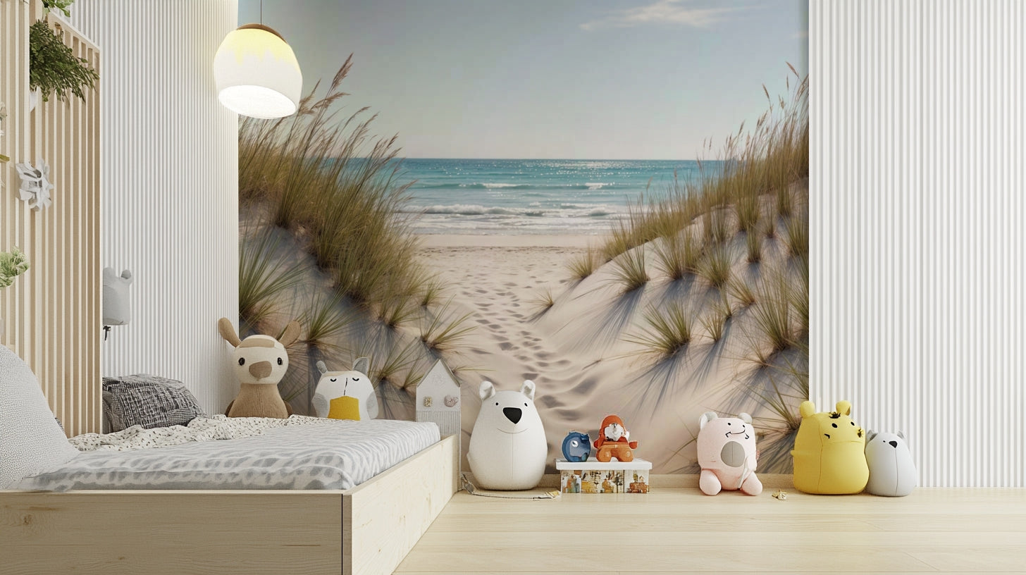 The colors are soft, muted tones of beige, sand, and blue.

