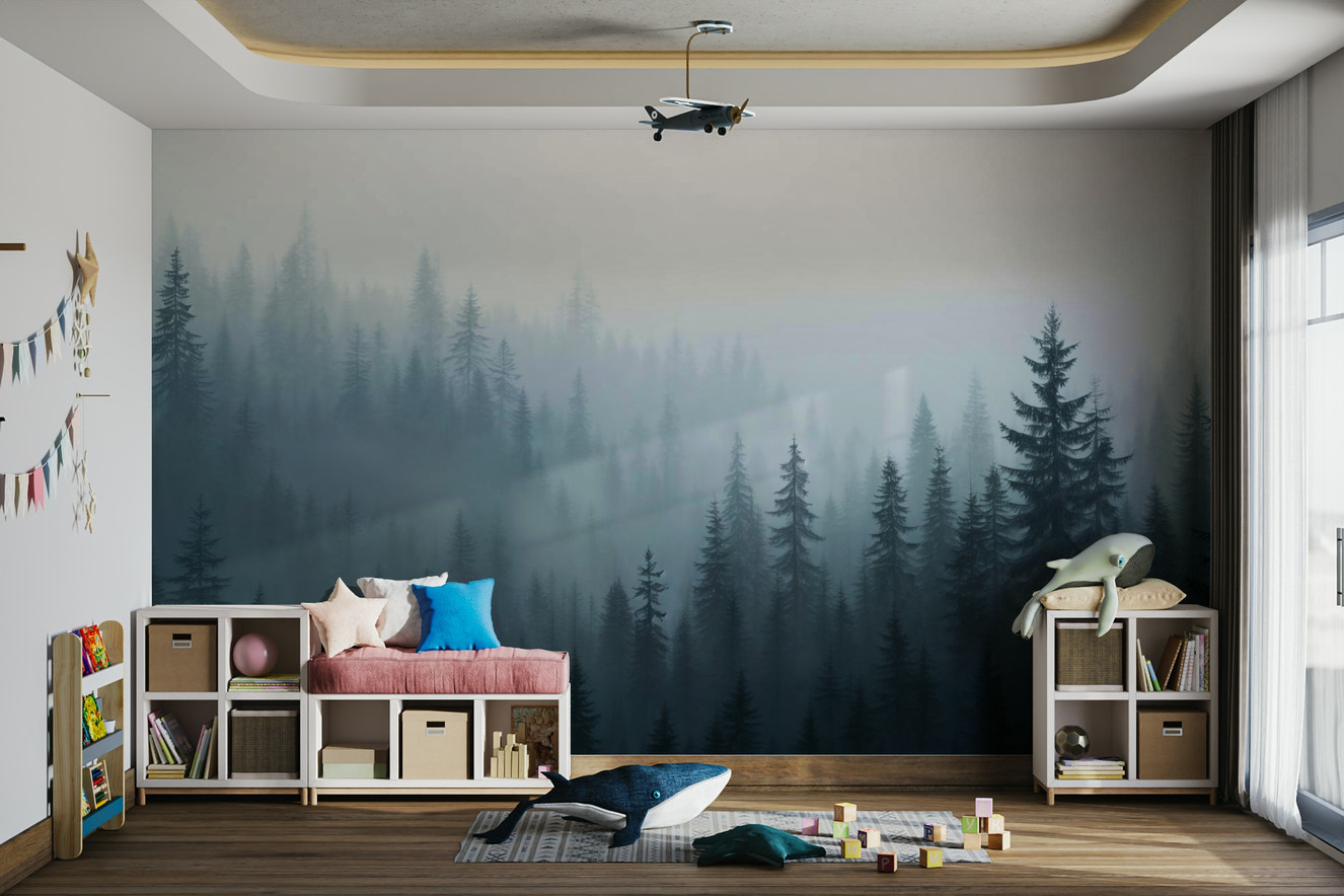A wall mural of a misty forest.

