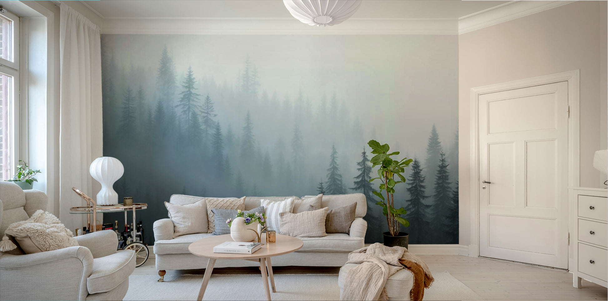 The colors are soft, muted tones of green, gray, and blue.

