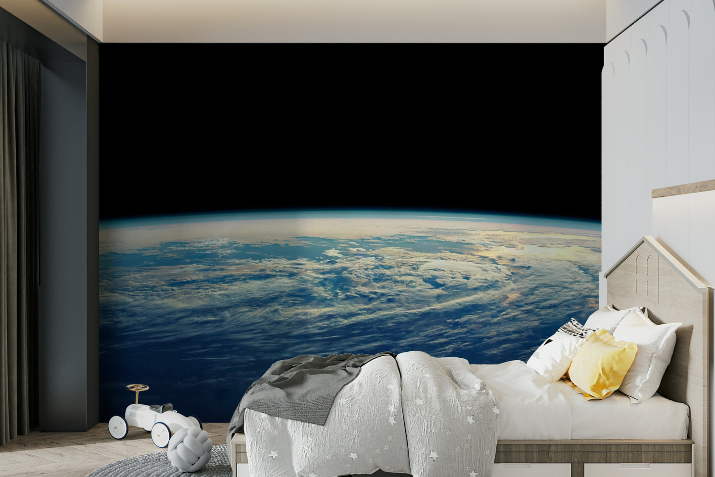 A wall mural of a cosmic landscape.

