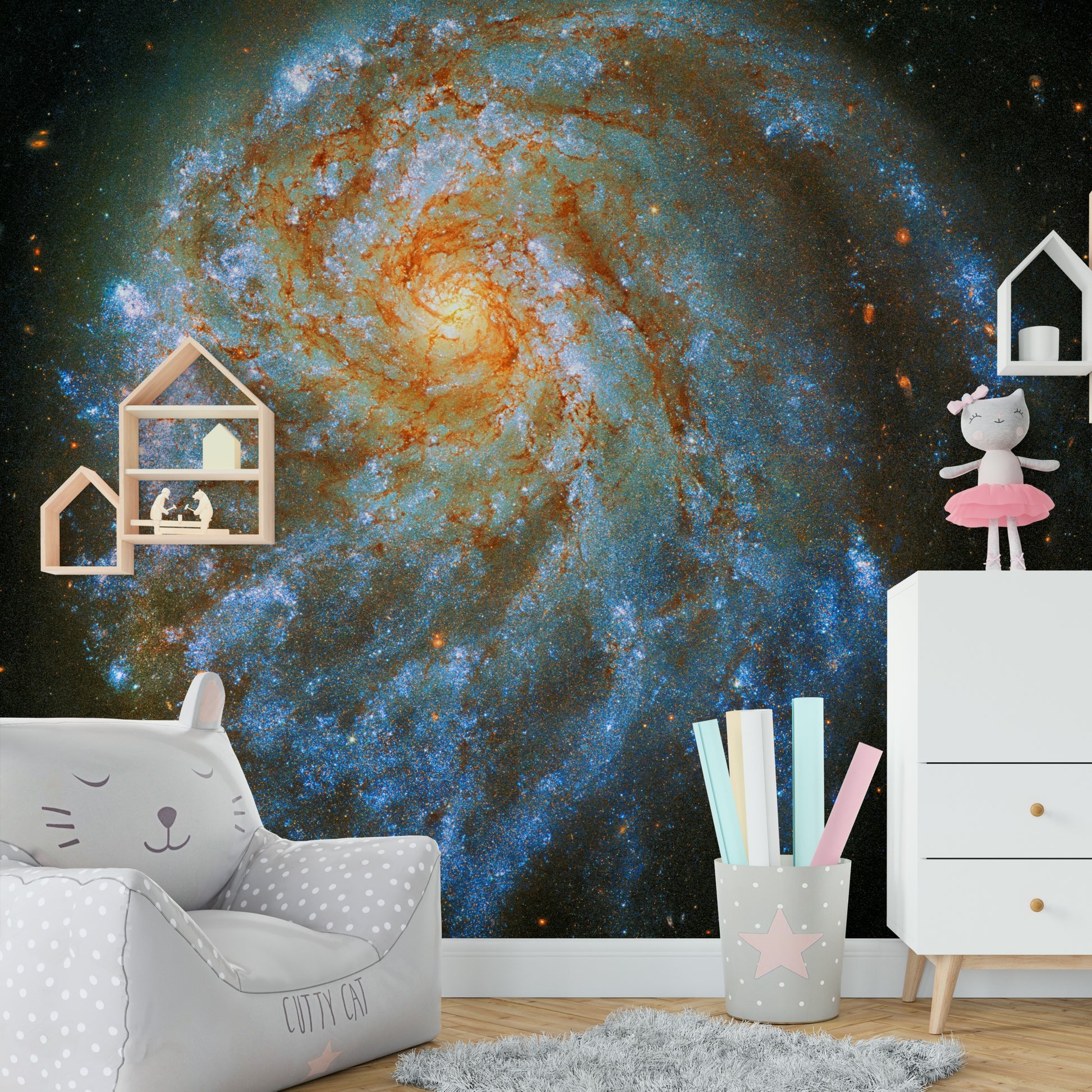 The colors are soft, muted tones of blue, purple, and black.

