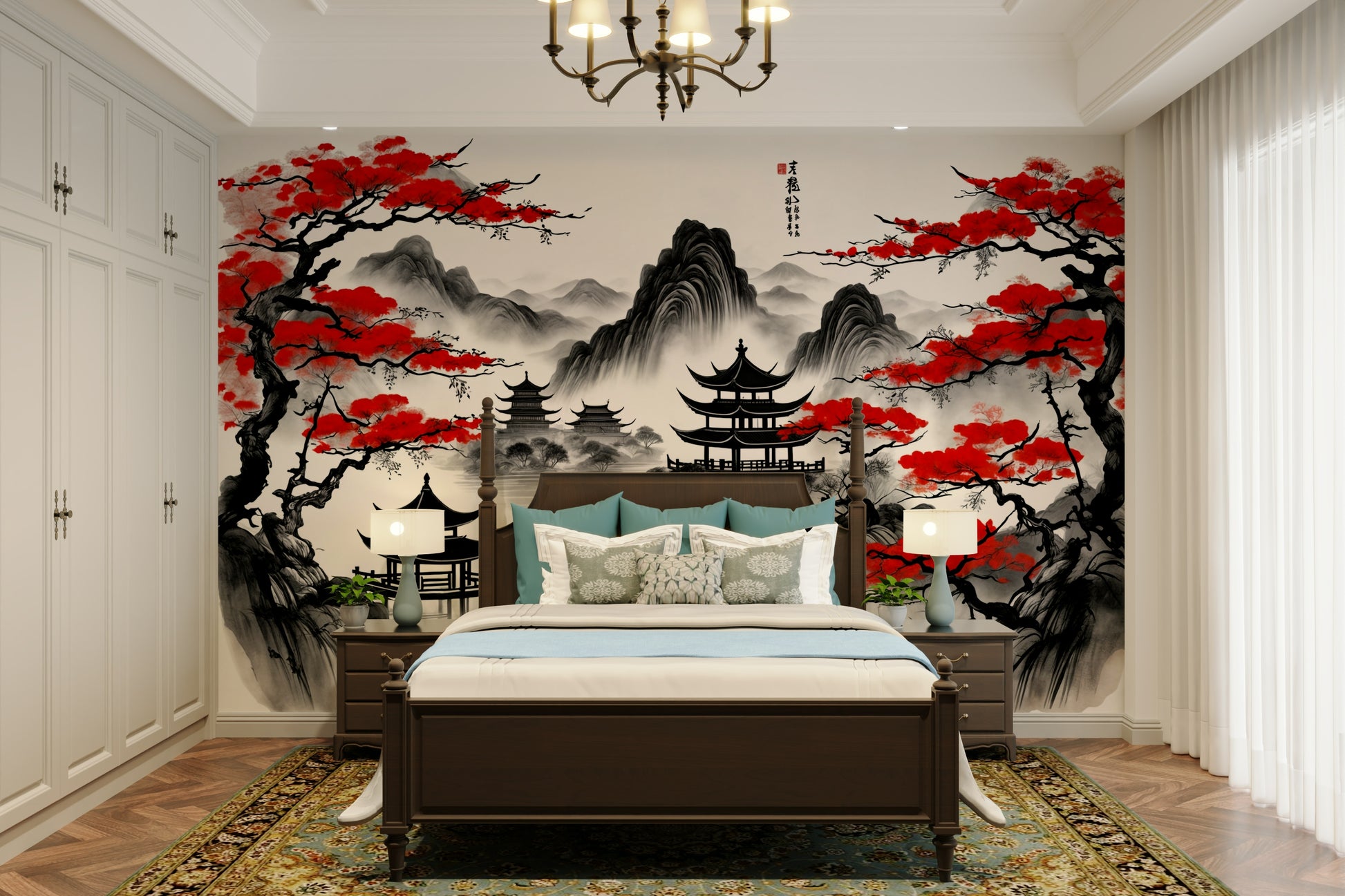 The image shows an artistic impression of a serene scene with a pagoda and blossoms.

