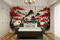 The image shows an artistic impression of a serene scene with a pagoda and blossoms.

