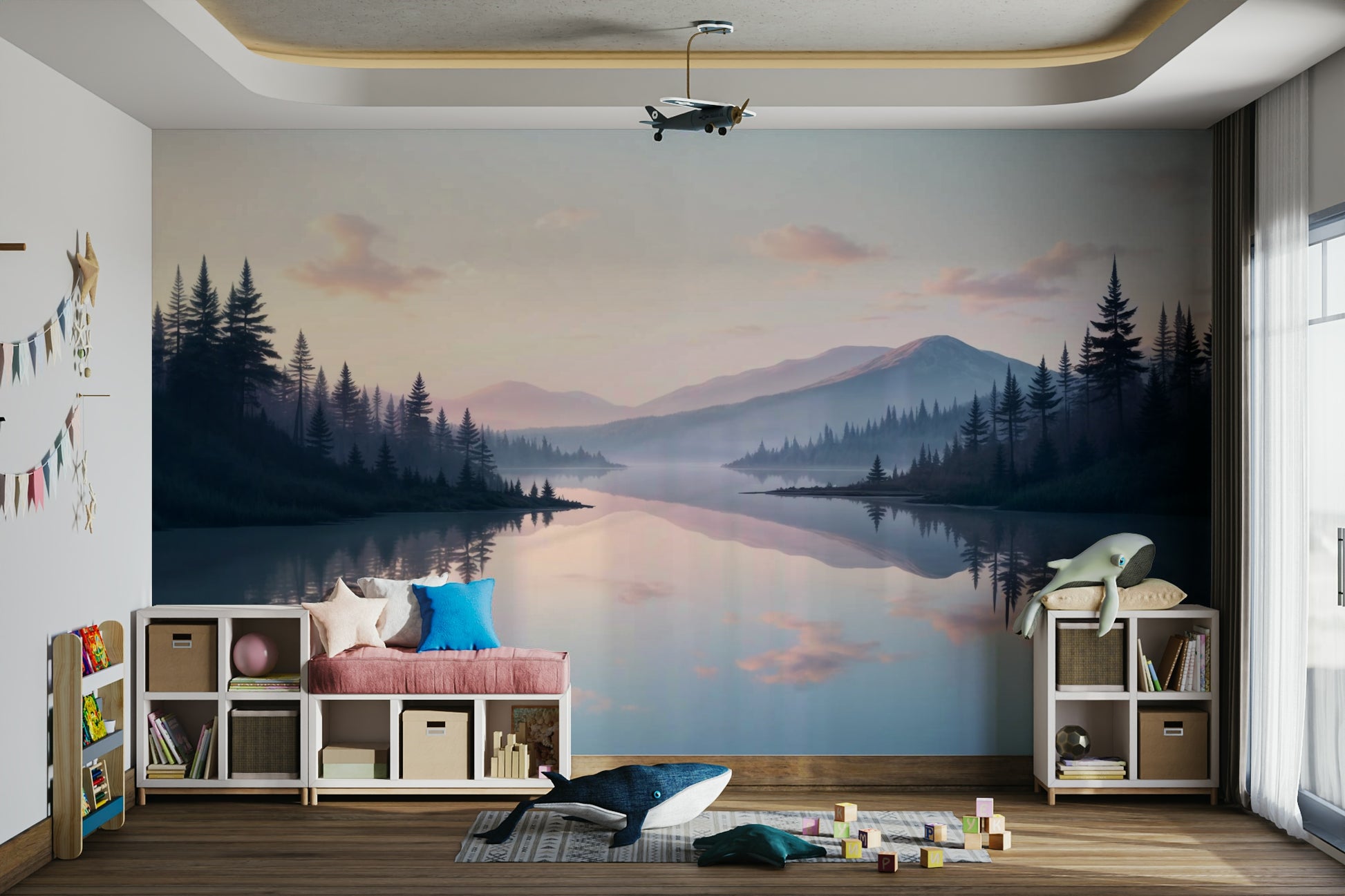 The colors are soft, muted tones of blue, pink, and gray.

