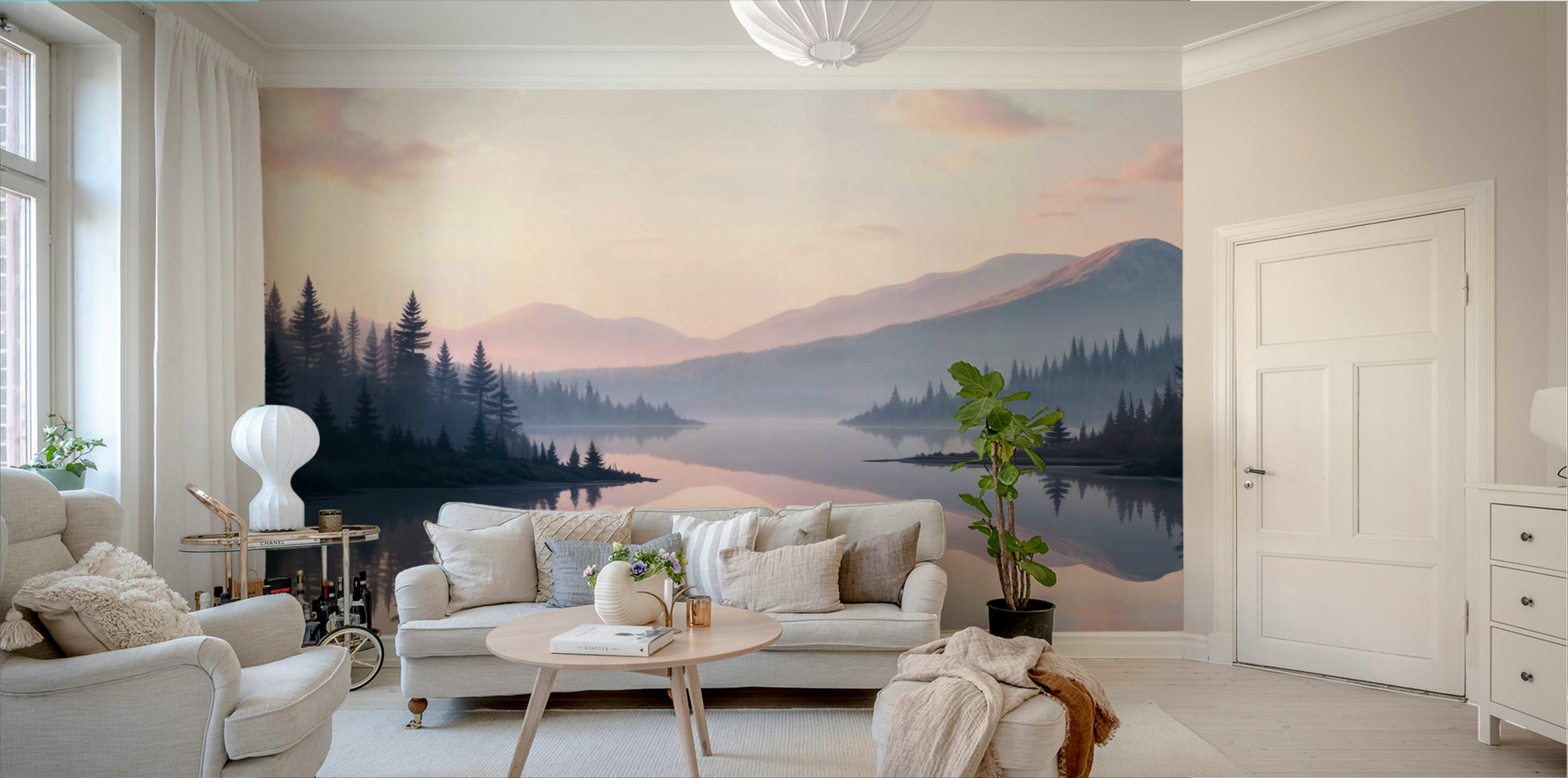 The image shows an artistic impression of a serene lake scene.

