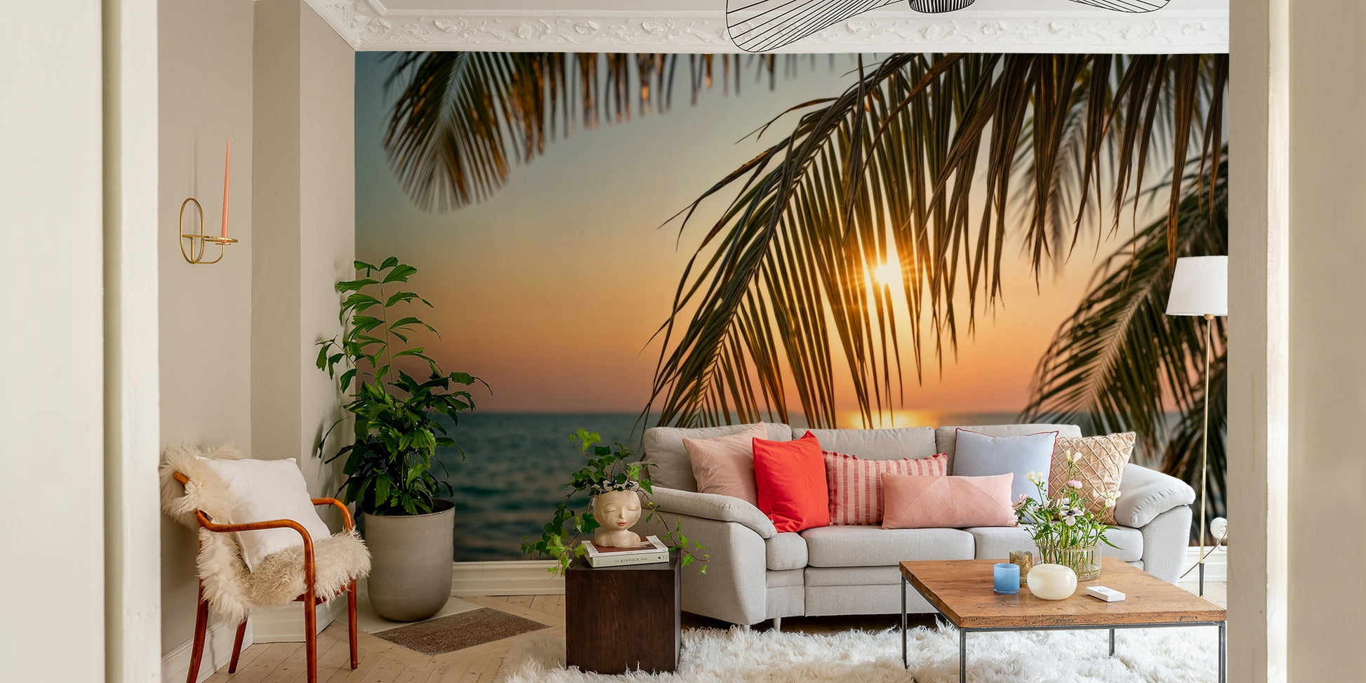 A wall mural of a tropical landscape.

